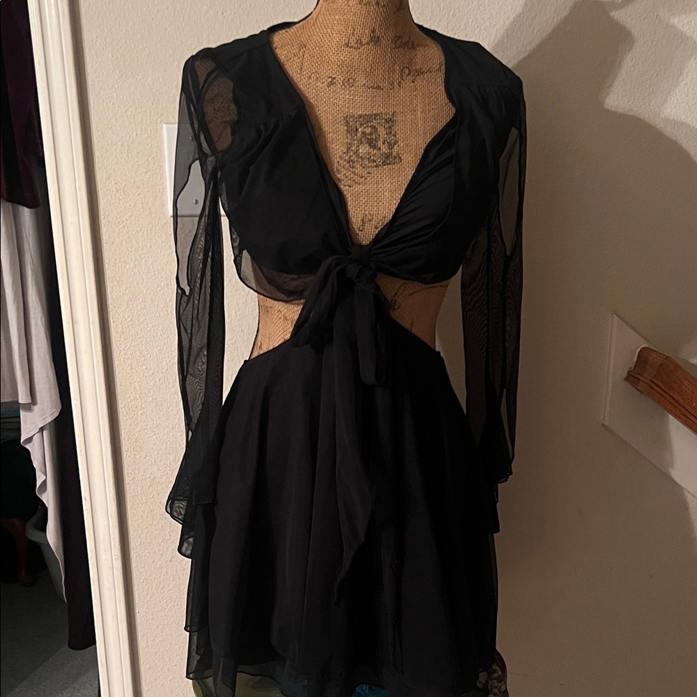 Elegant Black Long Sleeve Cut-Out Tie Front Mini Dress